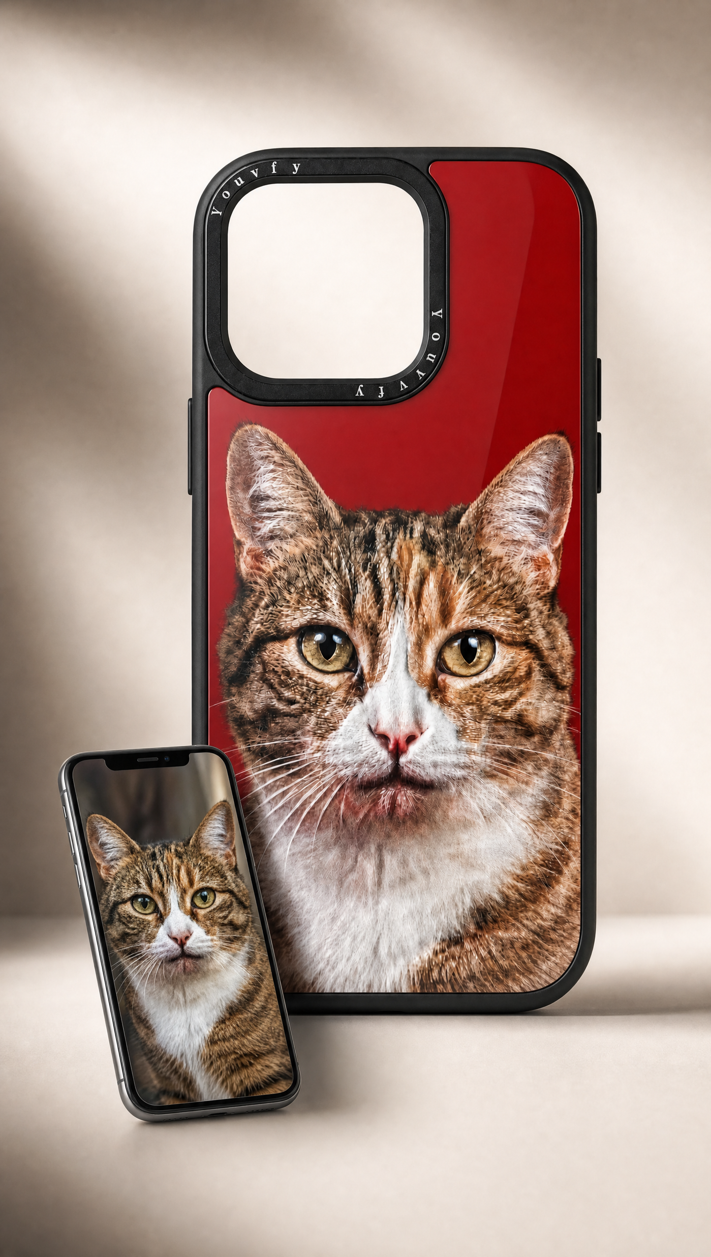 Youvfy flat-printed cat case beside a smartphone showing the original cat photo — your photo becomes your case