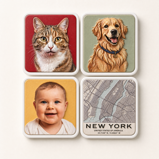 Pack of 4 Youvfy custom ceramic fridge magnets — cat, golden retriever, baby, NY map