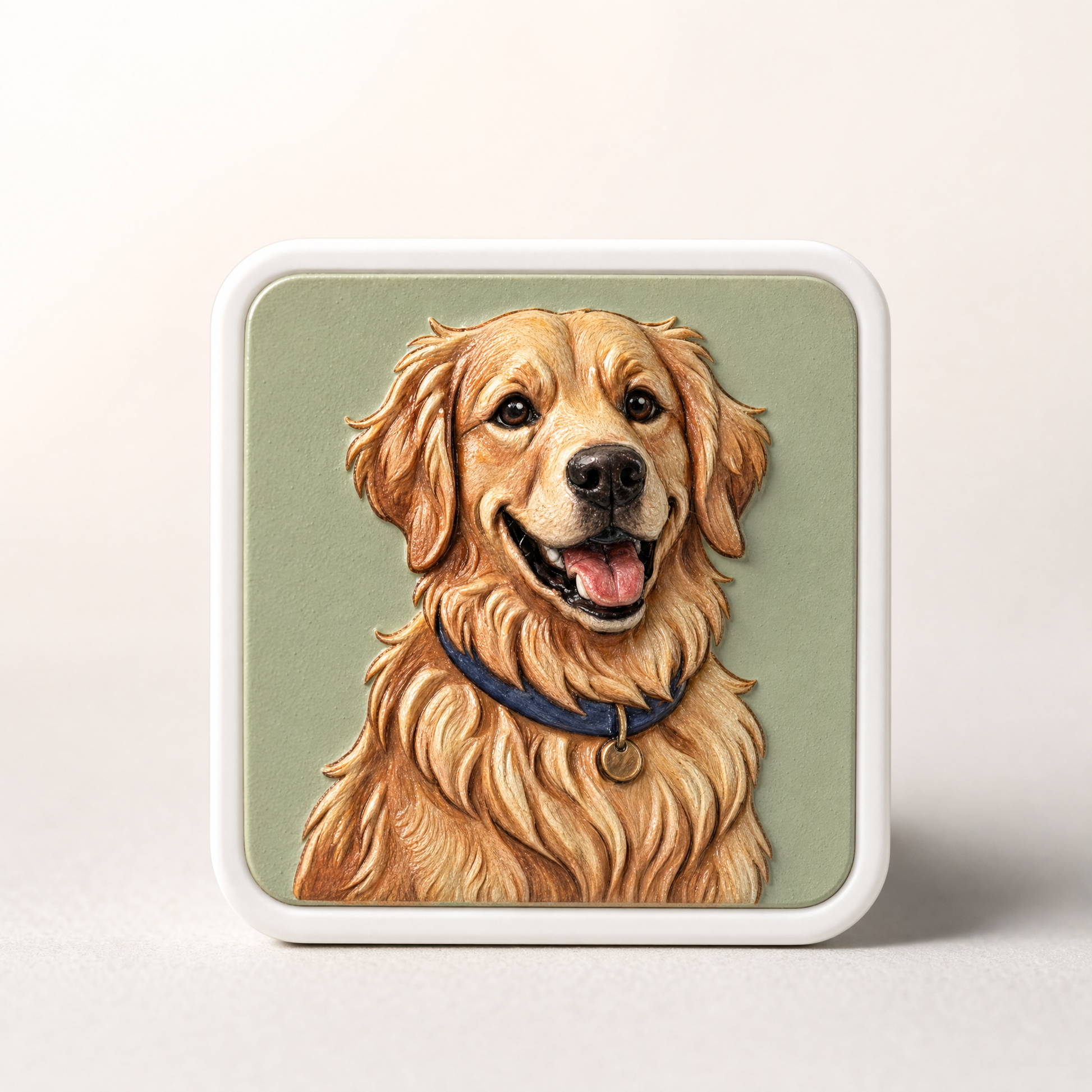 Youvfy ceramic fridge magnet featuring an illustrated golden retriever on a sage-green background with raised 2.5D texture