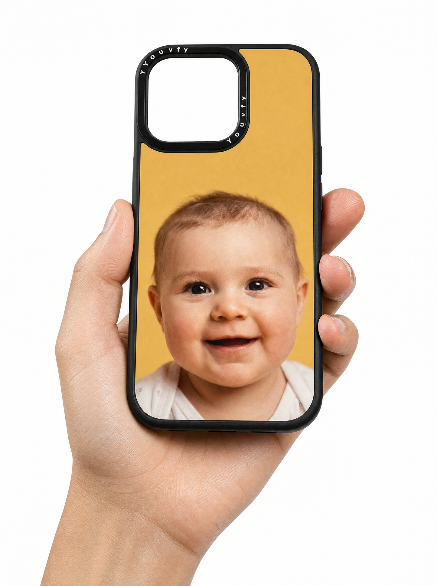 Youvfy iPhone case with a smiling baby portrait, presented on a clean white background