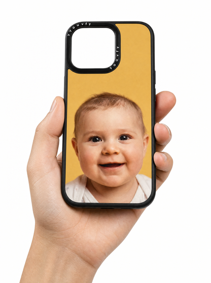 Youvfy iPhone case with a smiling baby portrait, presented on a clean white background