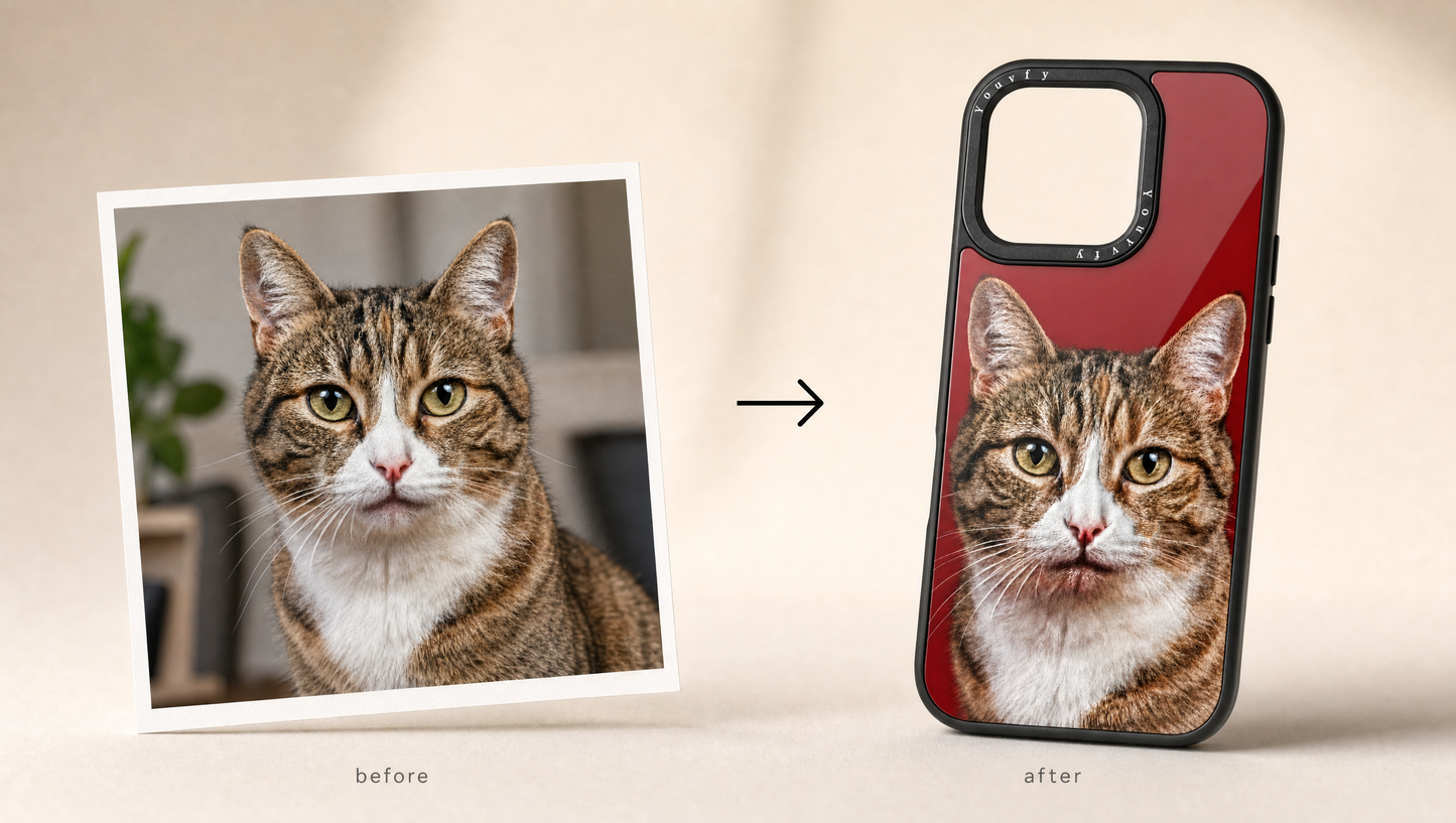Before and after: your tabby cat photo on the left, the Youvfy flat-printed cat case on the right
