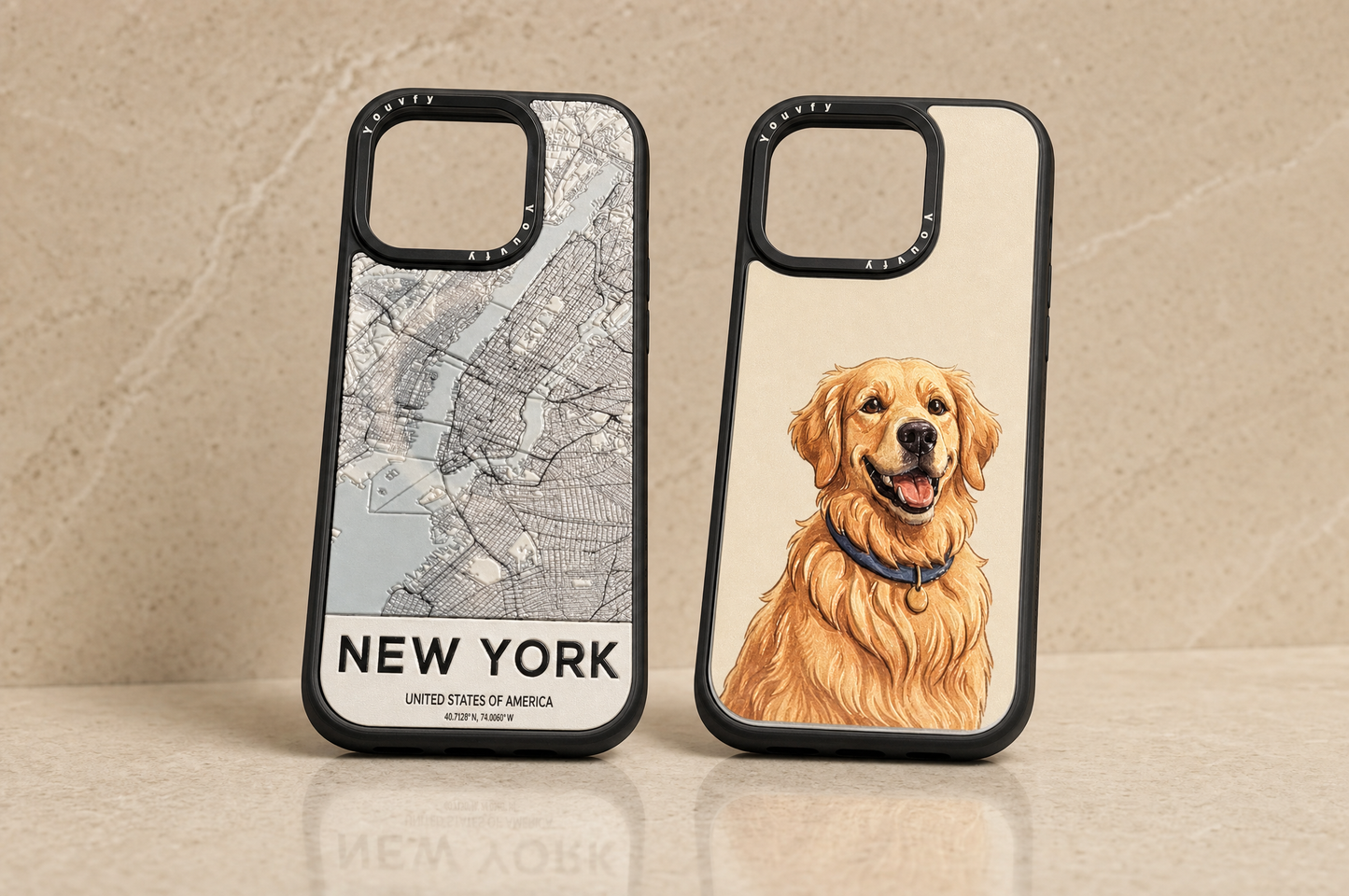 Two Youvfy iPhone cases side by side — golden retriever portrait and New York city map