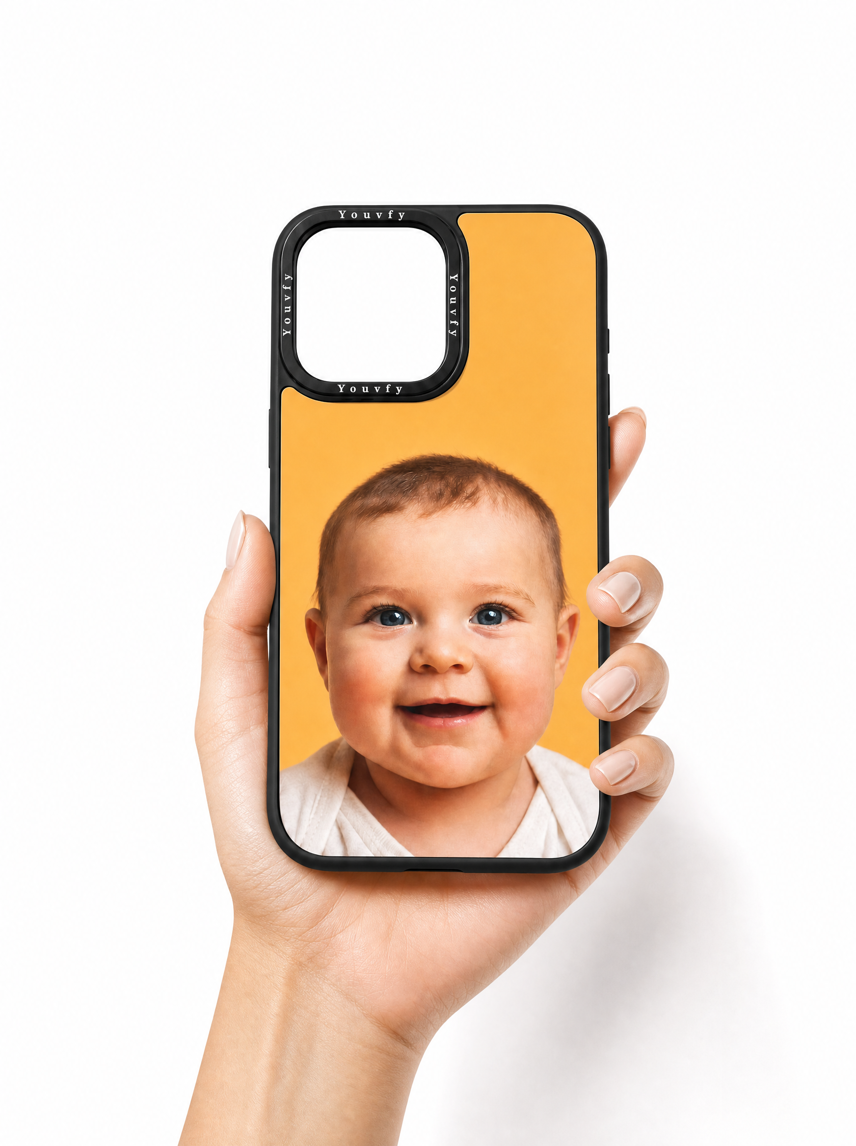Youvfy flat-printed iPhone case with a smiling baby portrait, presented on a clean white background
