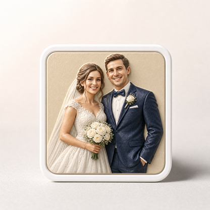 Youvfy ceramic fridge magnet with a formal wedding portrait of a bride and groom