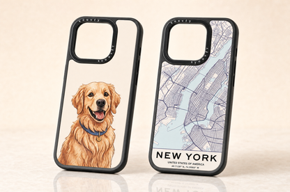 Two Youvfy flat-printed iPhone cases side by side — golden retriever portrait and New York city map