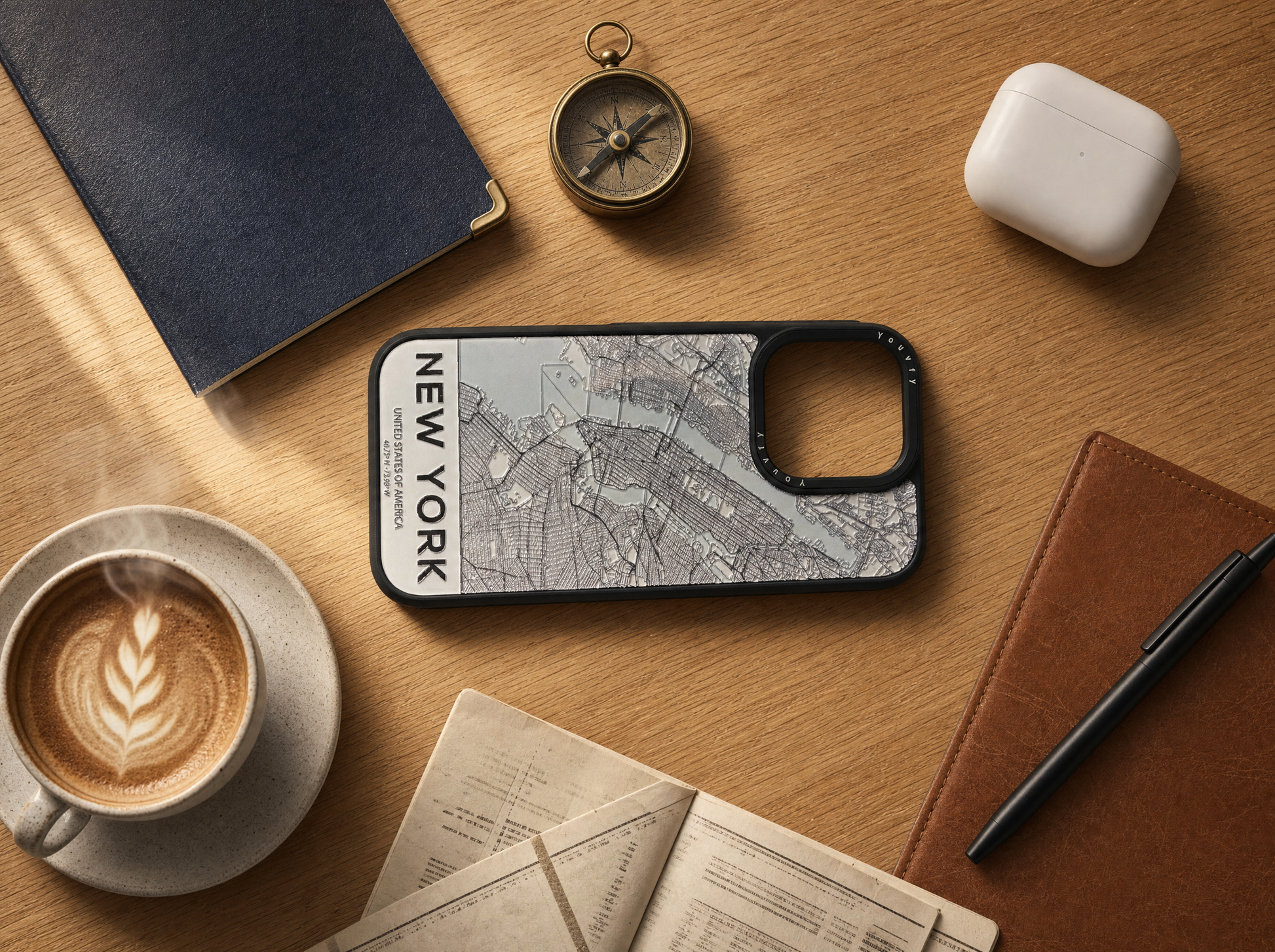 Travel flatlay featuring a Youvfy New York map iPhone case with passport, compass, AirPods, and coffee
