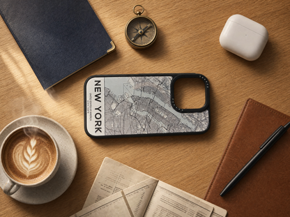 Travel flatlay featuring a Youvfy New York map iPhone case with passport, compass, AirPods, and coffee