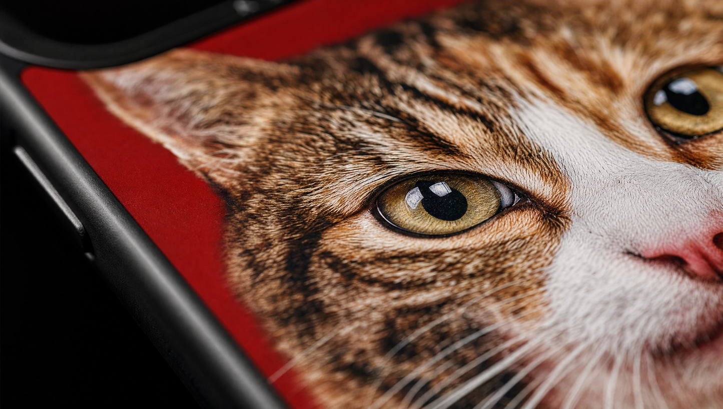Macro detail of a Youvfy flat-printed iPhone case showing the vibrant color saturation and glossy smooth print finish