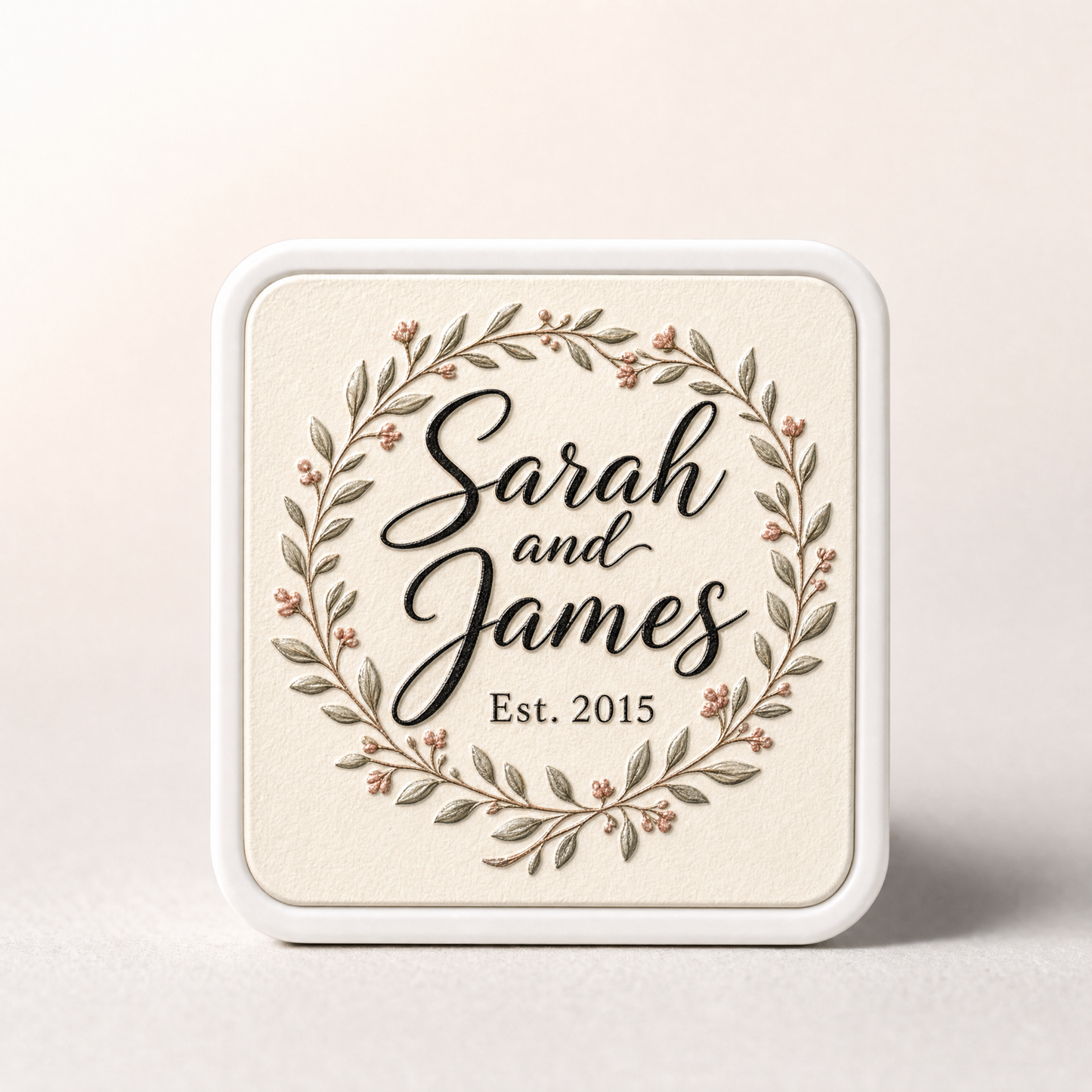 Youvfy ceramic fridge magnet with elegant calligraphy 'Sarah and James, Est. 2015' and a floral wreath