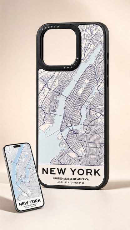 Youvfy flat-printed NY map case beside a smartphone showing the flat map design — your design becomes your case
