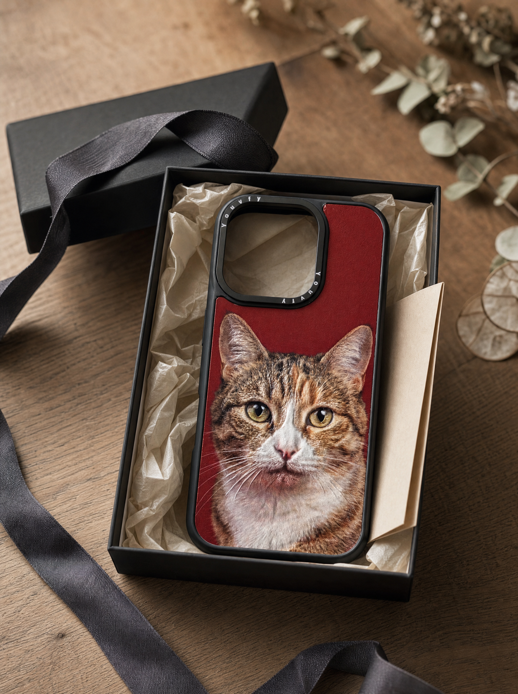 Youvfy custom iPhone case in an elegant black gift box with ribbon, ready to be gifted