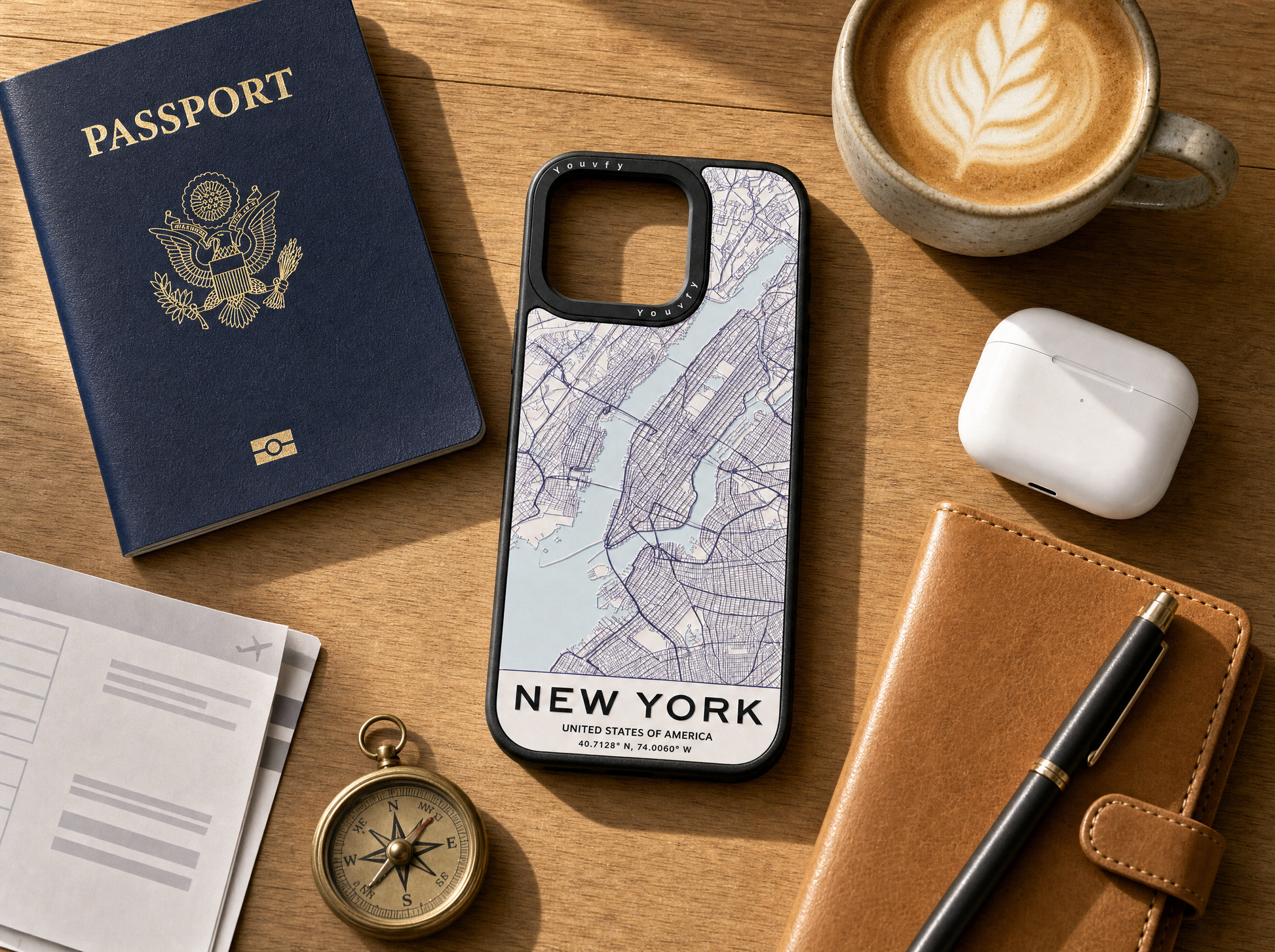 Travel flatlay featuring a Youvfy flat-printed New York map iPhone case with passport, compass, AirPods, and coffee