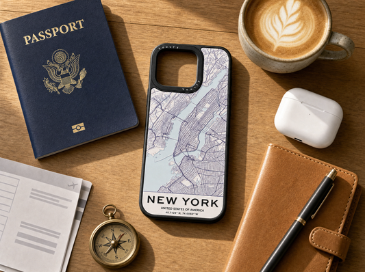 Travel flatlay featuring a Youvfy flat-printed New York map iPhone case with passport, compass, AirPods, and coffee