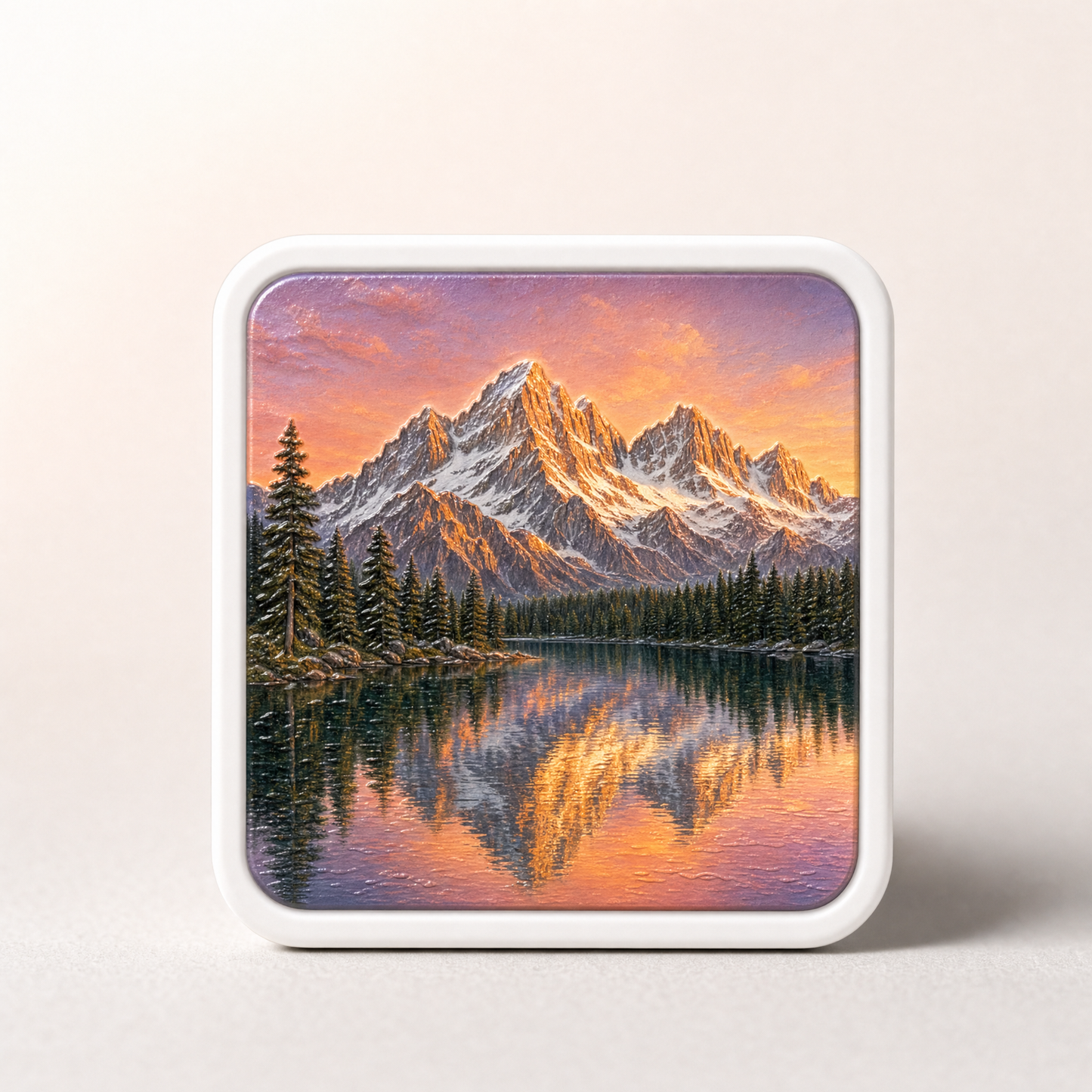 Youvfy ceramic fridge magnet with a dramatic mountain sunset landscape photo in raised relief