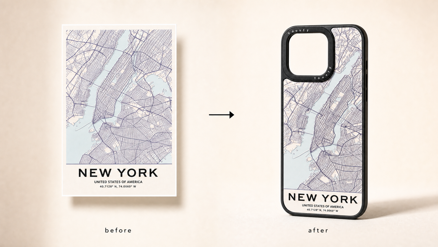 Before and after: flat NY map design on the left, the Youvfy flat-printed New York map case on the right