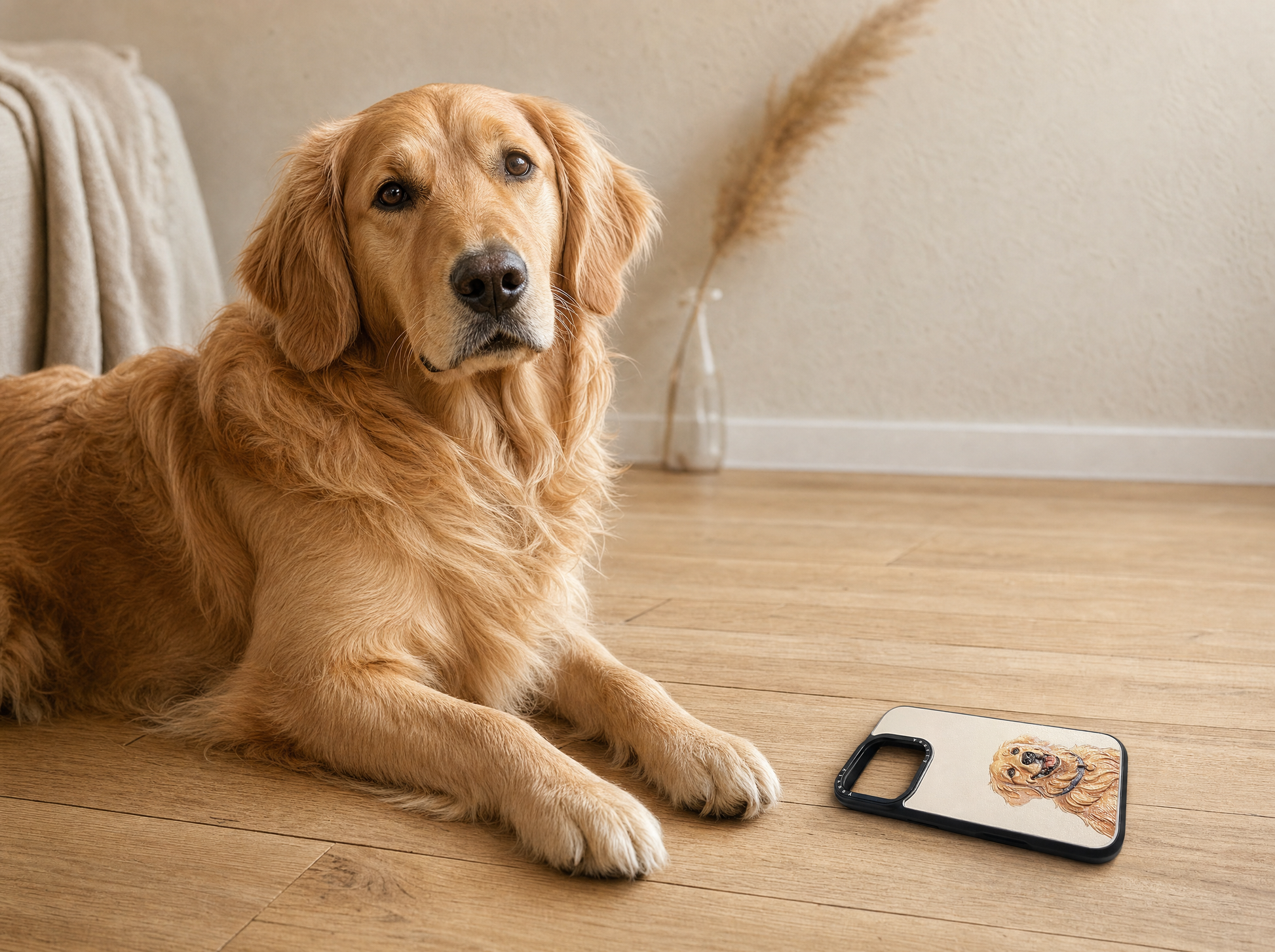 Real golden retriever sitting beside a Youvfy iPhone case printed with his illustrated portrait