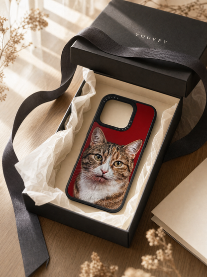 Youvfy flat-printed iPhone case in an elegant black gift box with ribbon