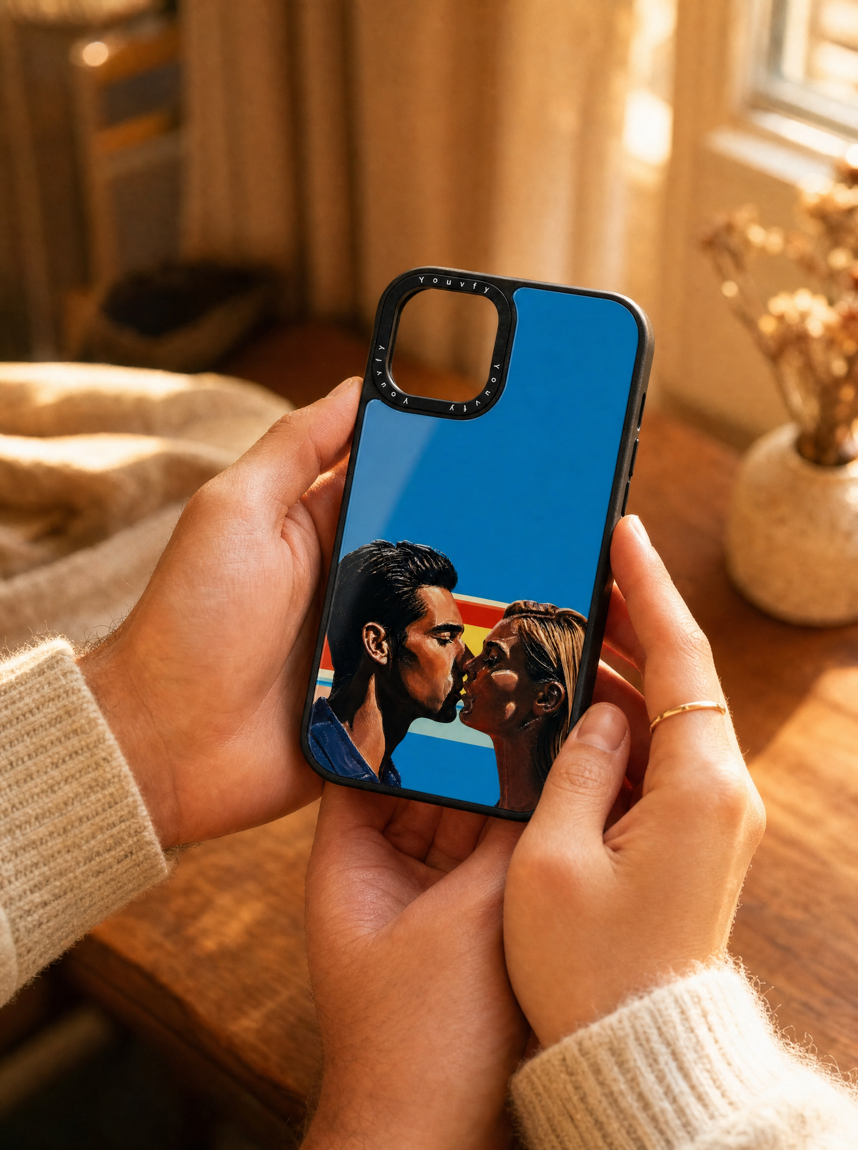 Couple's hands tenderly holding a Youvfy flat-printed iPhone case with an illustrated couple portrait, golden hour
