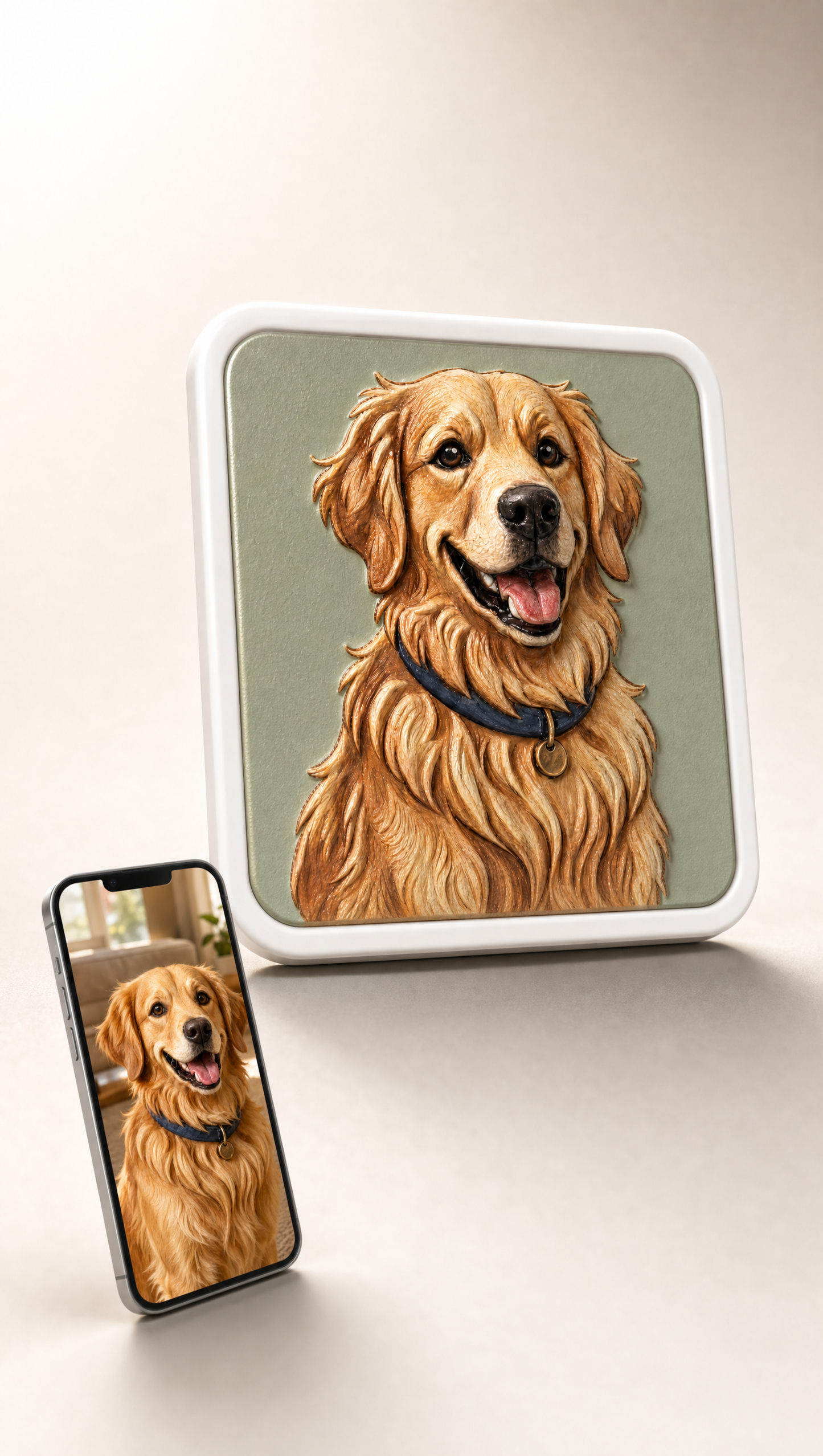 Youvfy dog magnet standing beside a smartphone showing the original dog photo — your photo becomes your magnet