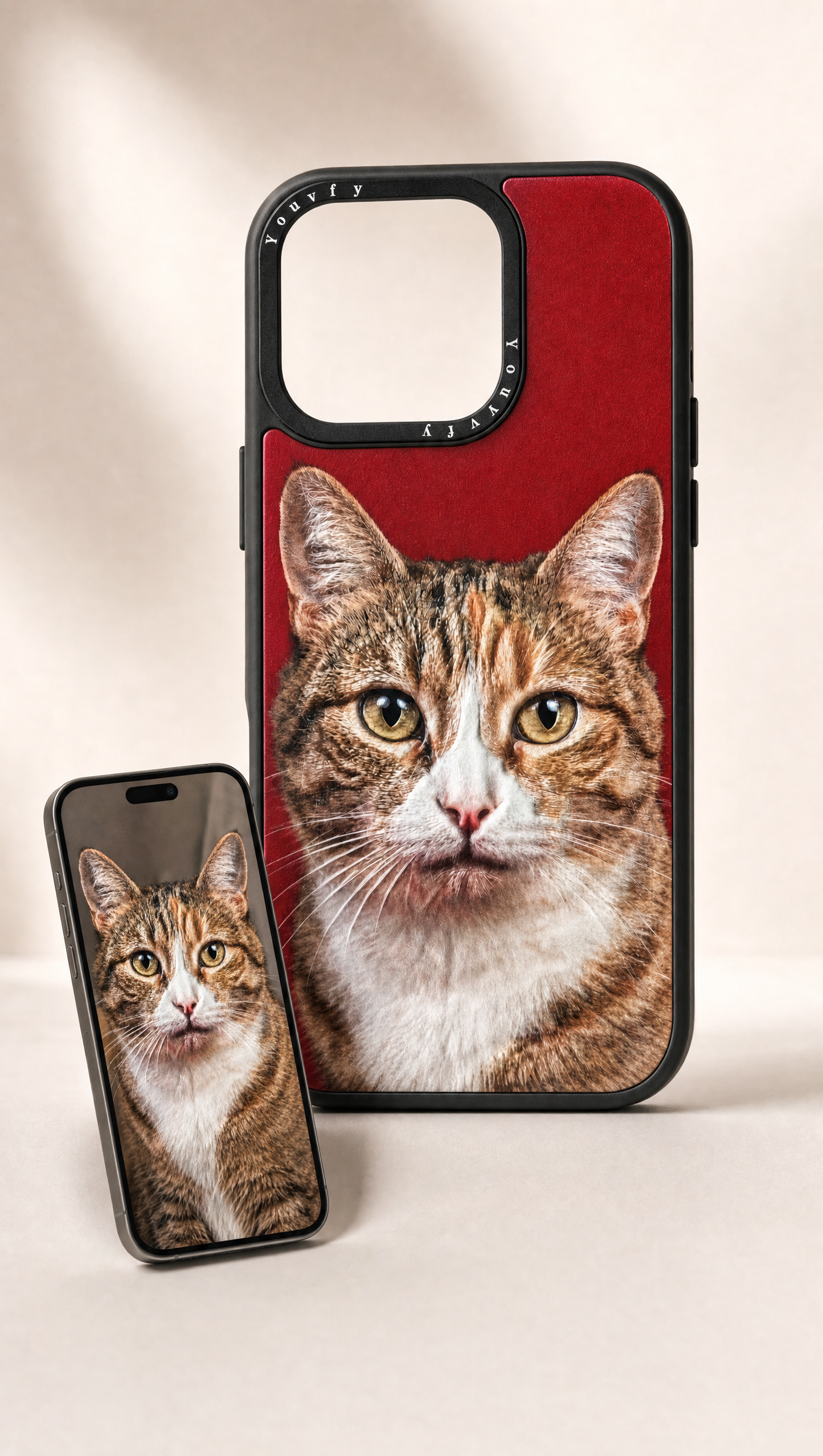 Youvfy cat case standing tall with a smartphone showing the original cat photo — your photo becomes your case