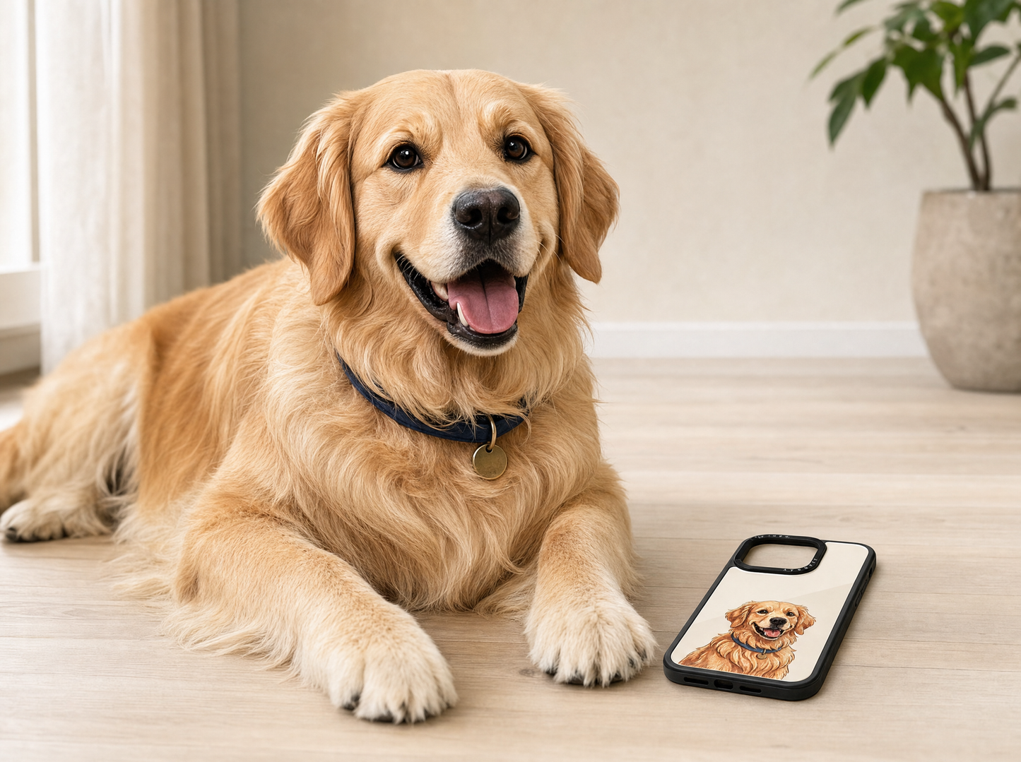 Real golden retriever sitting beside a Youvfy flat-printed iPhone case printed with his illustrated portrait