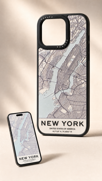 Youvfy NY map case beside a smartphone showing the flat map design — your design becomes your case
