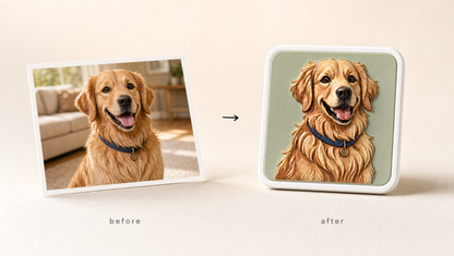 Before and after: your golden retriever photo on the left, the Youvfy printed dog magnet on the right