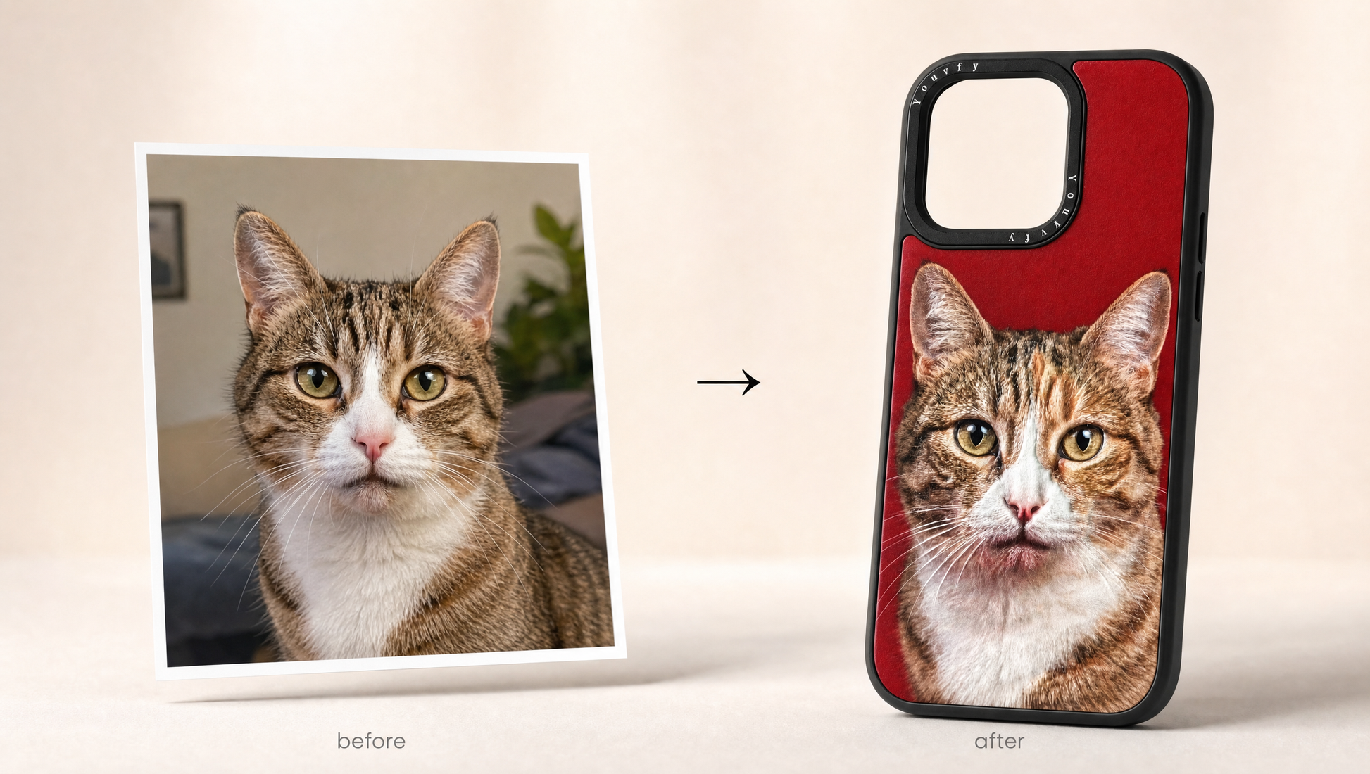Before and after: your tabby cat photo on the left, the Youvfy printed cat case on the right — the personalization journey in one image