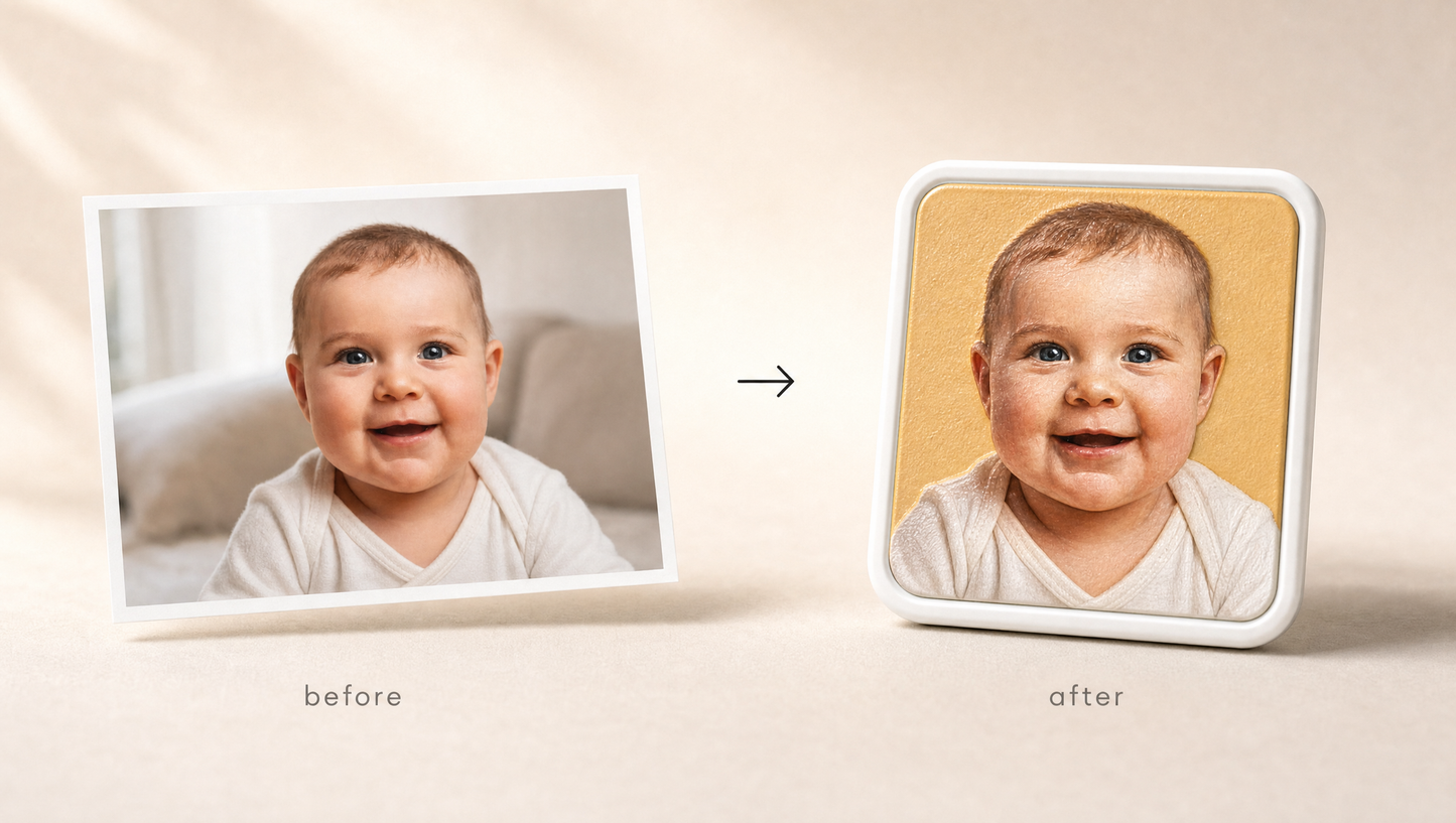 Before and after: your baby photo on the left, the Youvfy printed baby magnet on the right