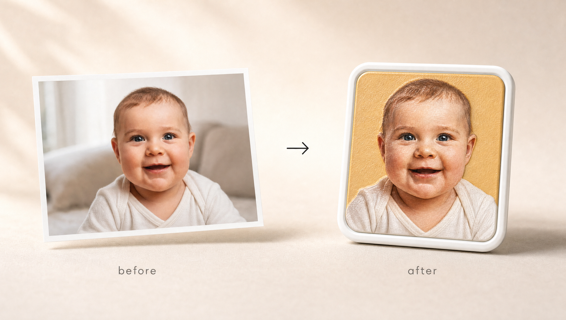 Before and after: your baby photo on the left, the Youvfy printed baby magnet on the right