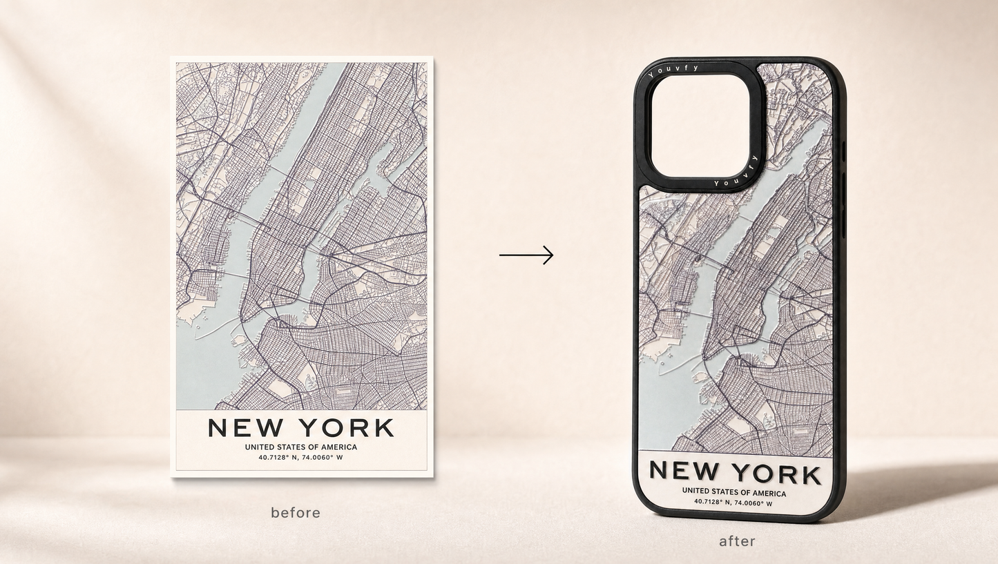 Before and after: flat NY map design on the left, the Youvfy embossed 2.5D New York map case on the right