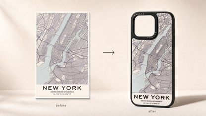Before and after: flat NY map design on the left, the Youvfy embossed 2.5D New York map case on the right
