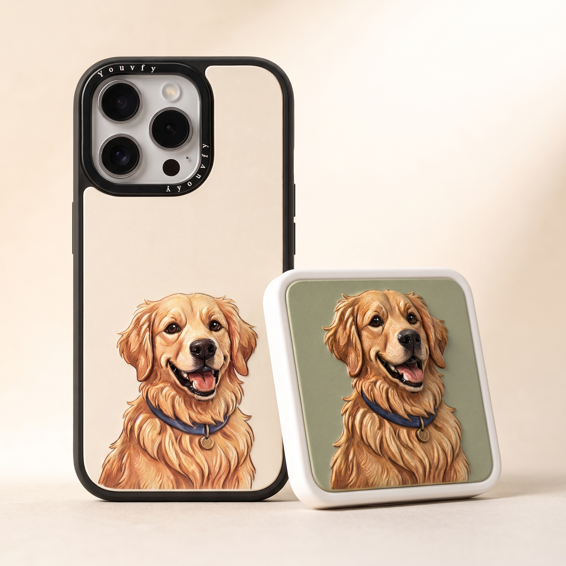 Custom 3D textured iPhone case and matching ceramic fridge magnet bundle, both featuring the same golden retriever portrait