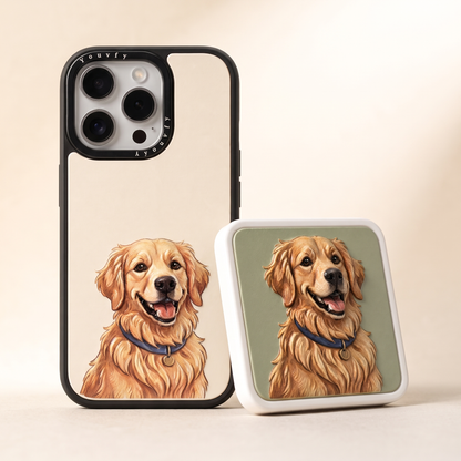 Custom 3D textured iPhone case and matching ceramic fridge magnet bundle, both featuring the same golden retriever portrait