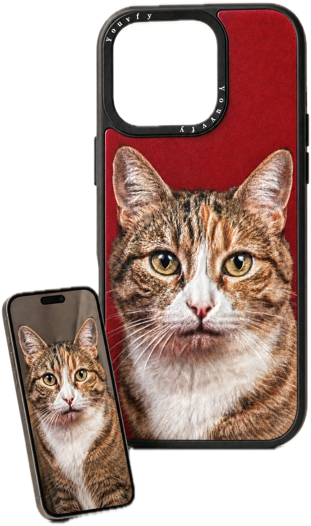 Youvfy textured iPhone case with cat portrait and matching phone, transparent background hero