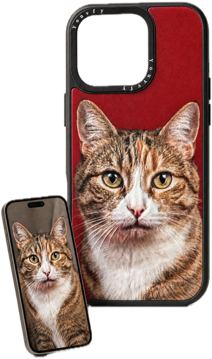 Youvfy textured iPhone case with cat portrait and matching phone, transparent background hero