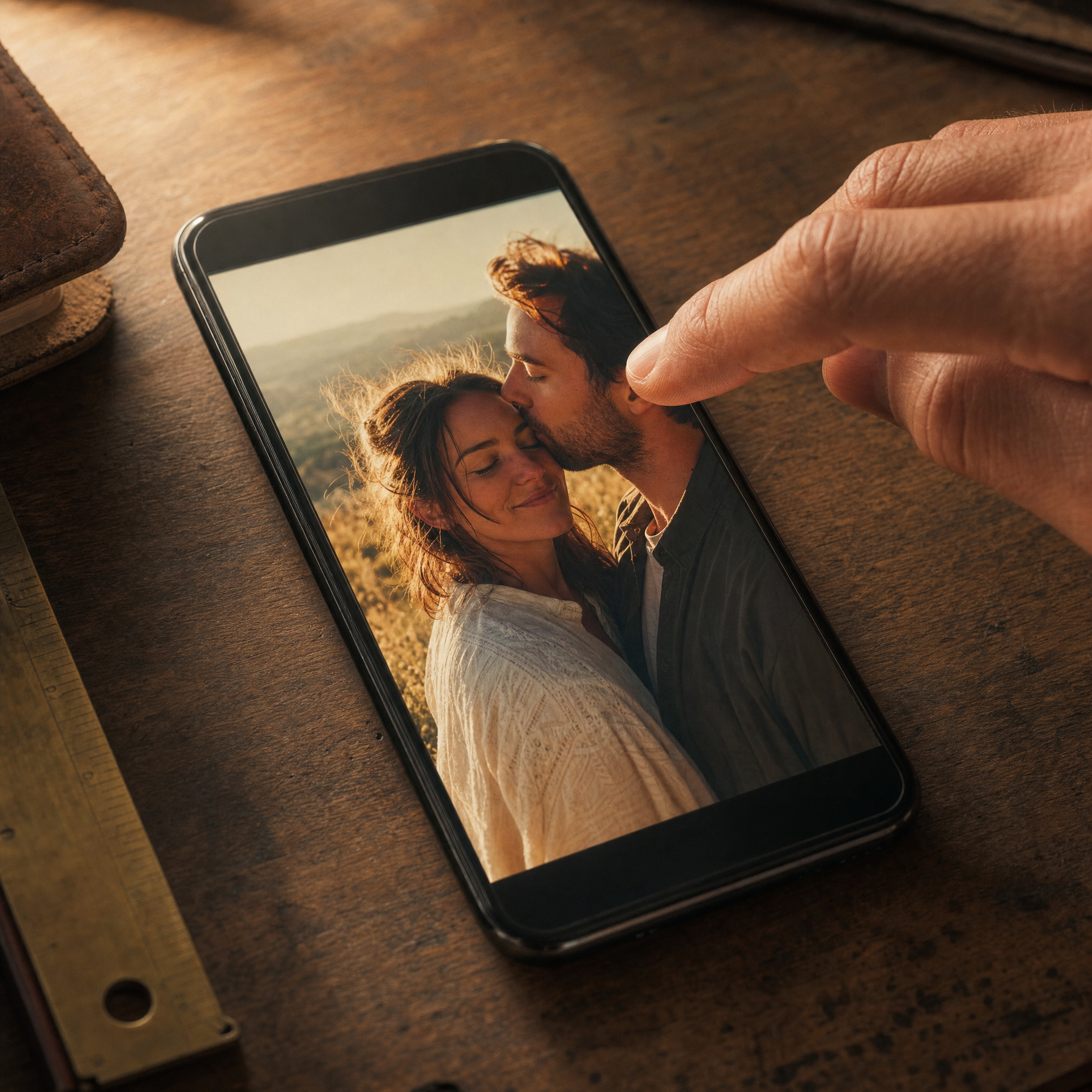 Youvfy magnet how-it-works step 1 — iPhone on workbench with couple photo about to be uploaded