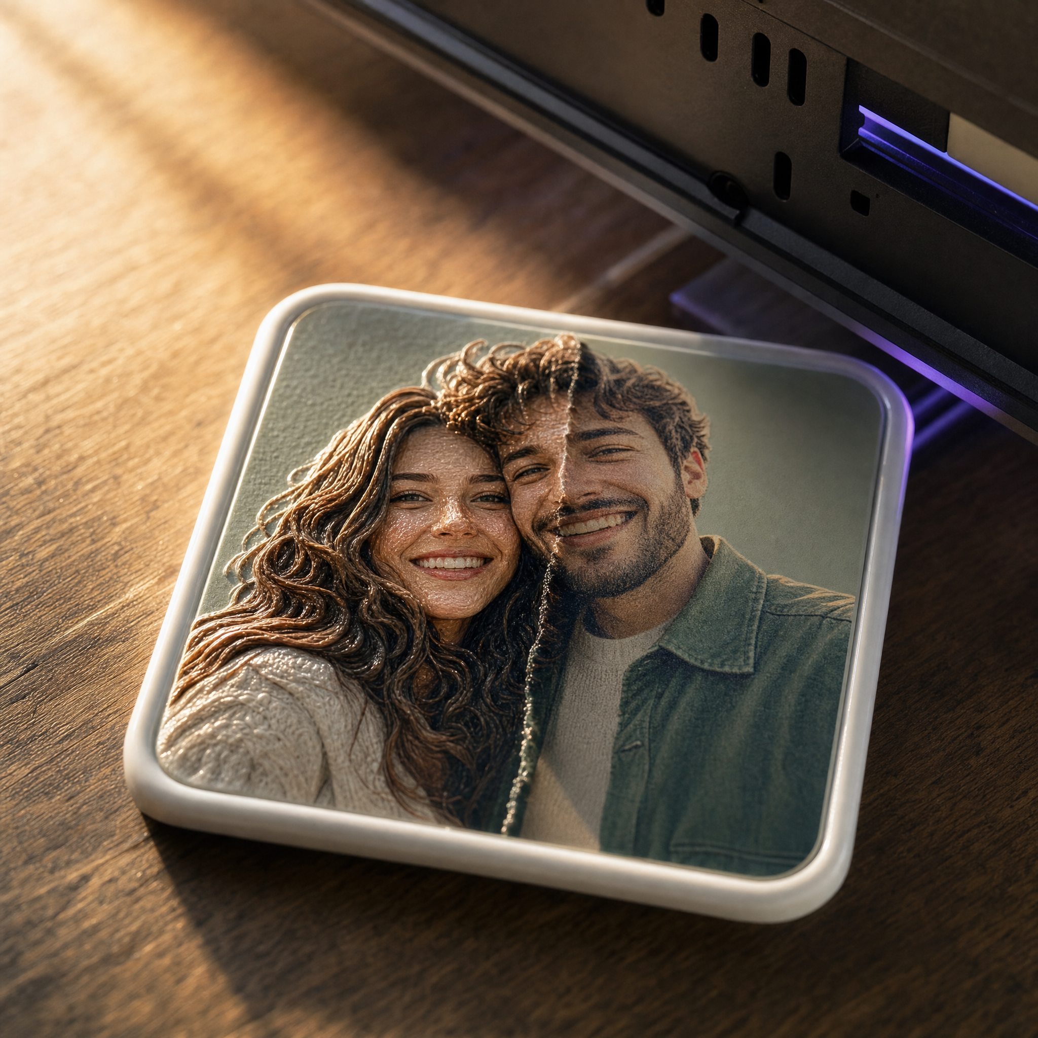 Youvfy magnet how-it-works step 2 — ceramic magnet being UV-printed with couple portrait