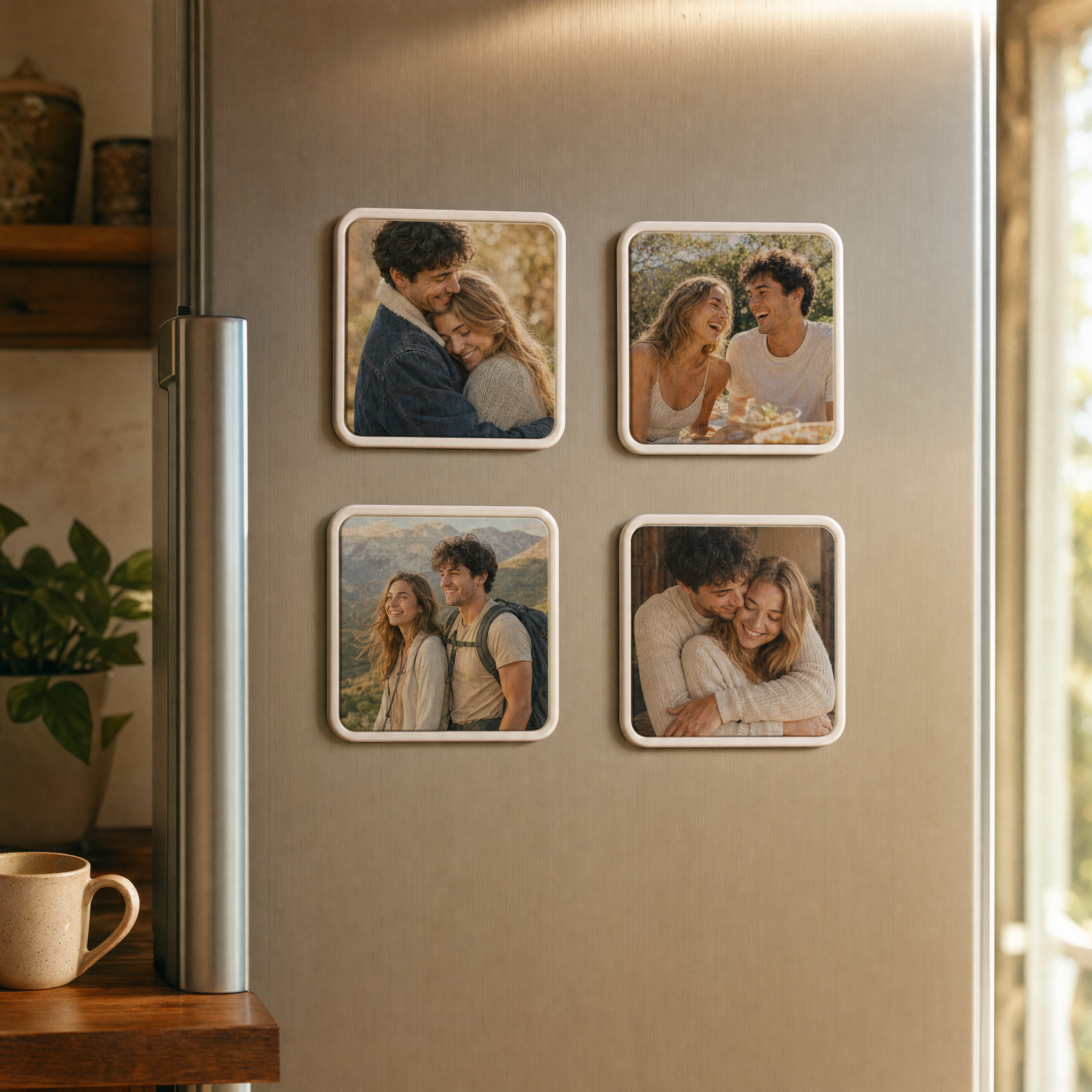 Youvfy magnet how-it-works step 3 — four ceramic magnets displayed on a fridge in 2x2 grid