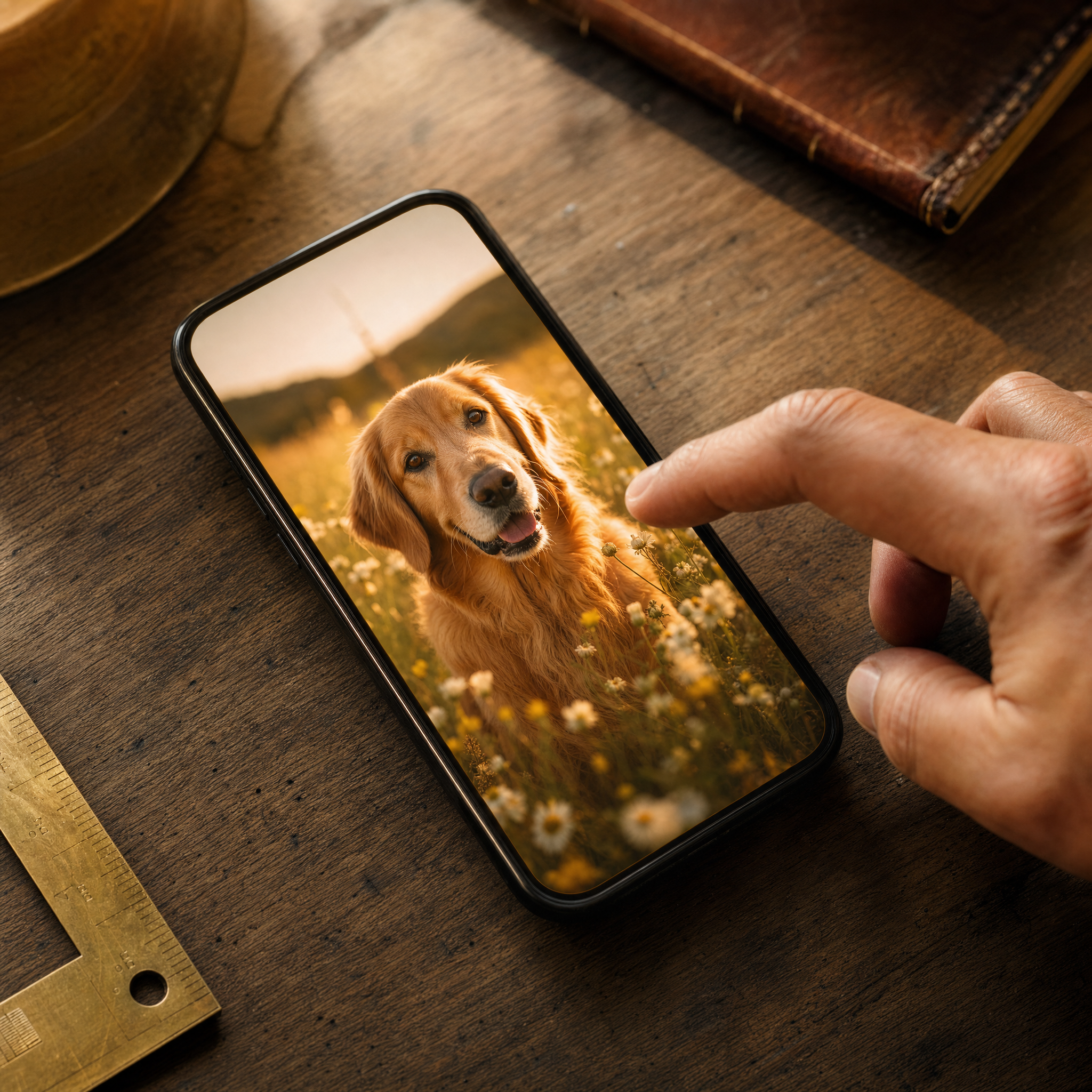 Youvfy how-it-works step 1 — iPhone on walnut workshop bench with golden retriever photo about to be uploaded