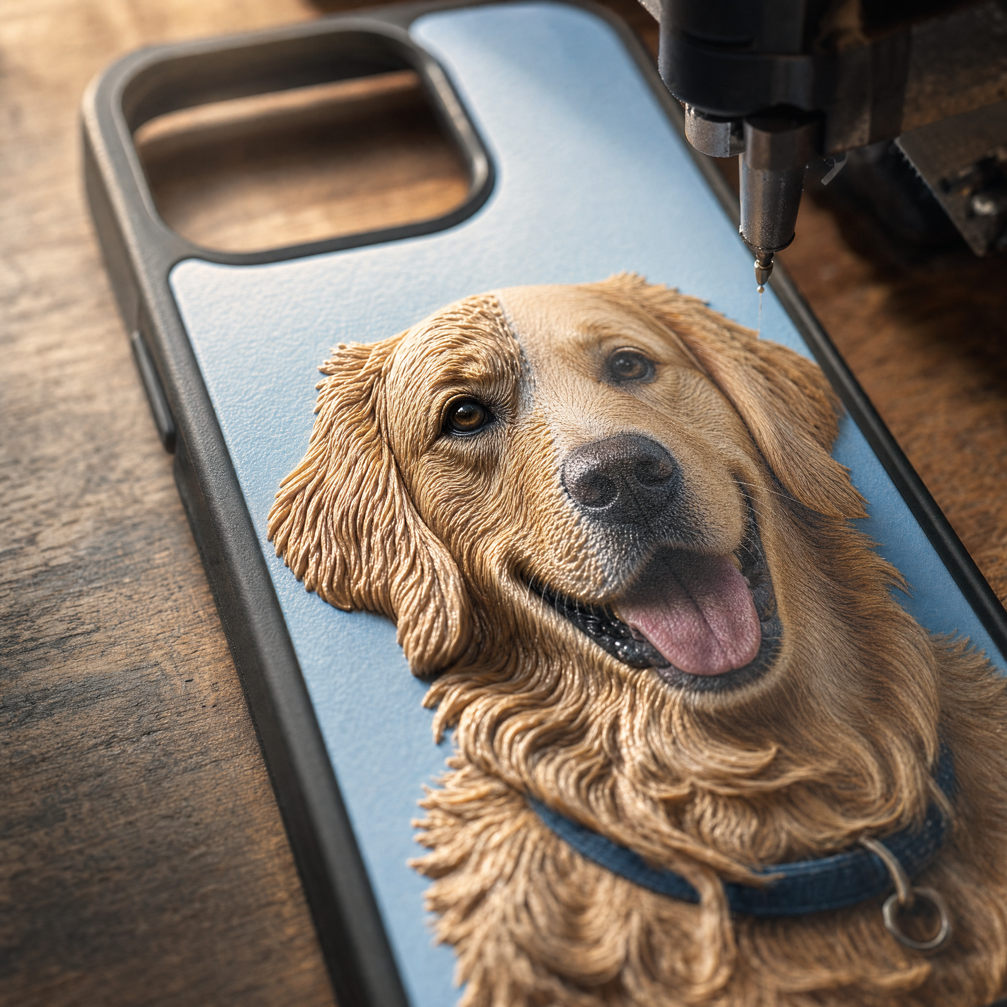 Youvfy how-it-works step 2 — golden retriever portrait being UV-printed on iPhone case with raised 3D texture