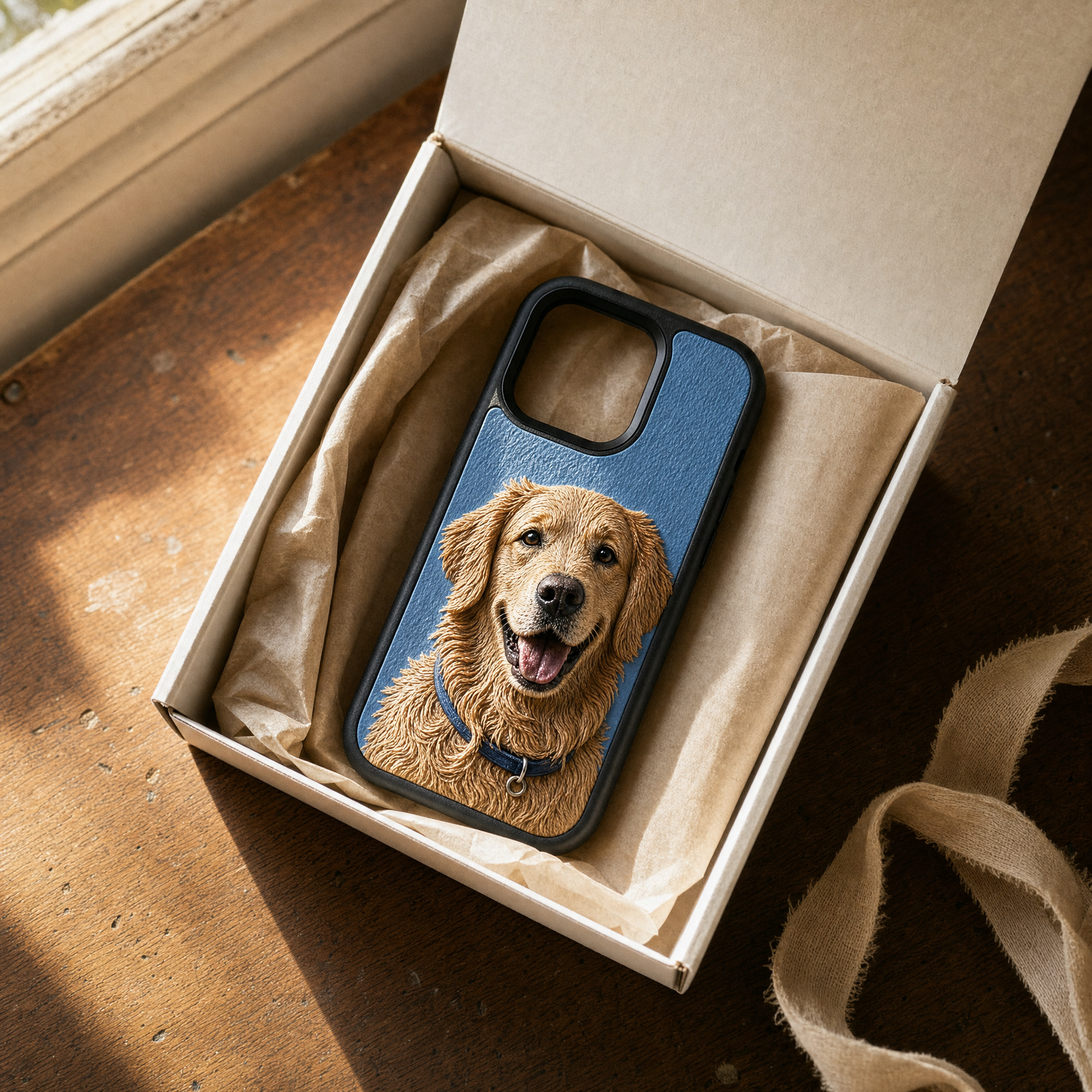 Youvfy how-it-works step 3 — finished iPhone case with golden retriever in kraft-paper shipping box
