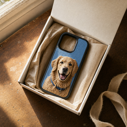 Youvfy how-it-works step 3 — finished iPhone case with golden retriever in kraft-paper shipping box
