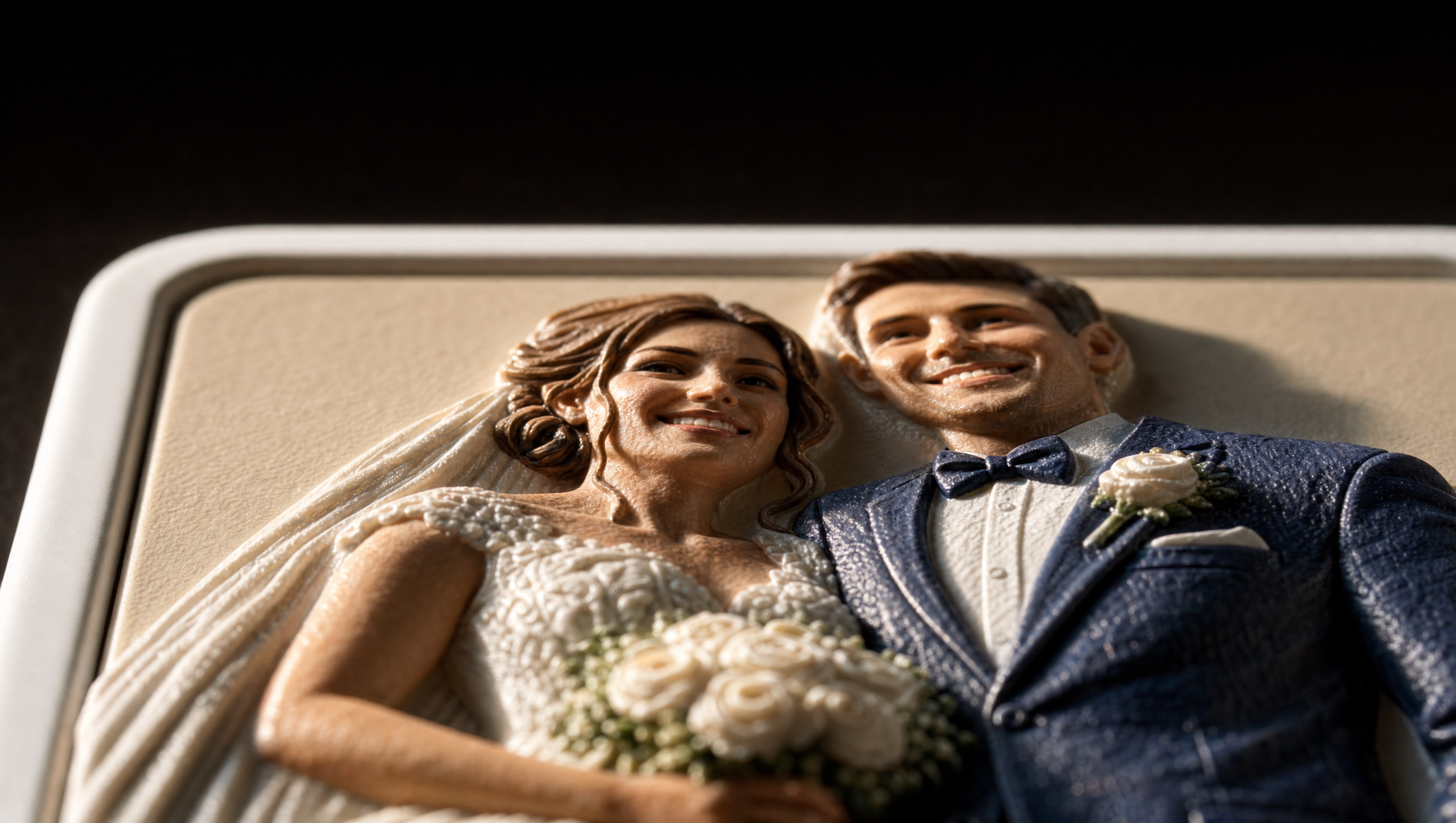 Extreme low side-angle macro of a Youvfy wedding magnet showing the raised 2.5D printed details standing in profile against raking light