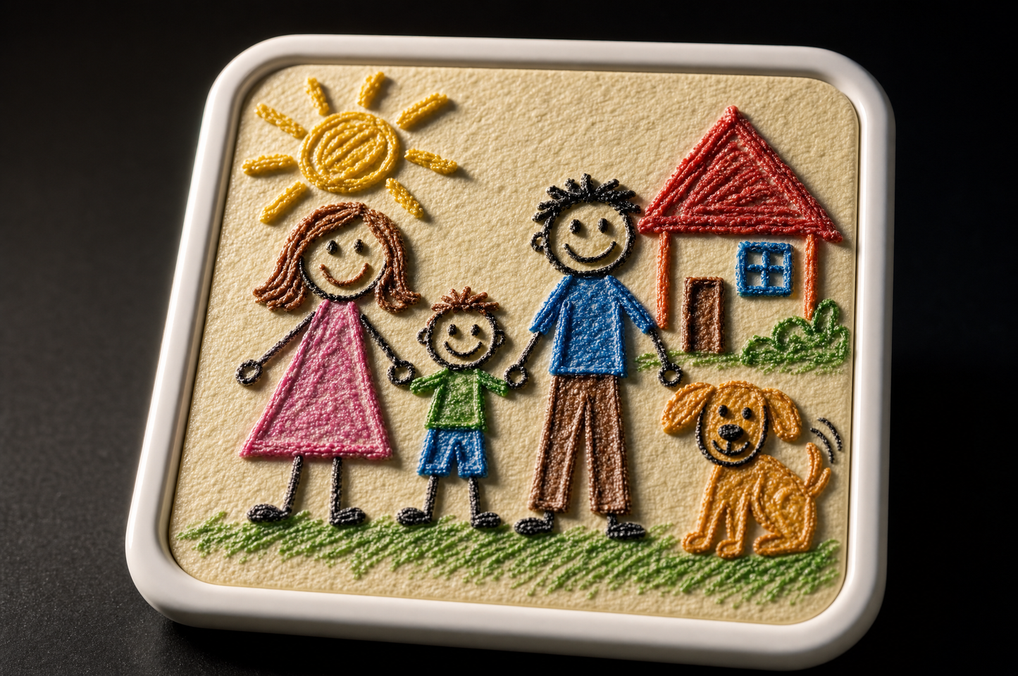 Near-top-down macro of a Youvfy kid's drawing magnet with raking light, every crayon stroke standing up off the ceramic surface in dimensional 2.5D relief