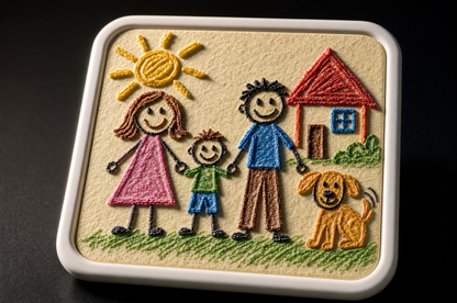 Near-top-down macro of a Youvfy kid's drawing magnet with raking light, every crayon stroke standing up off the ceramic surface in dimensional 2.5D relief