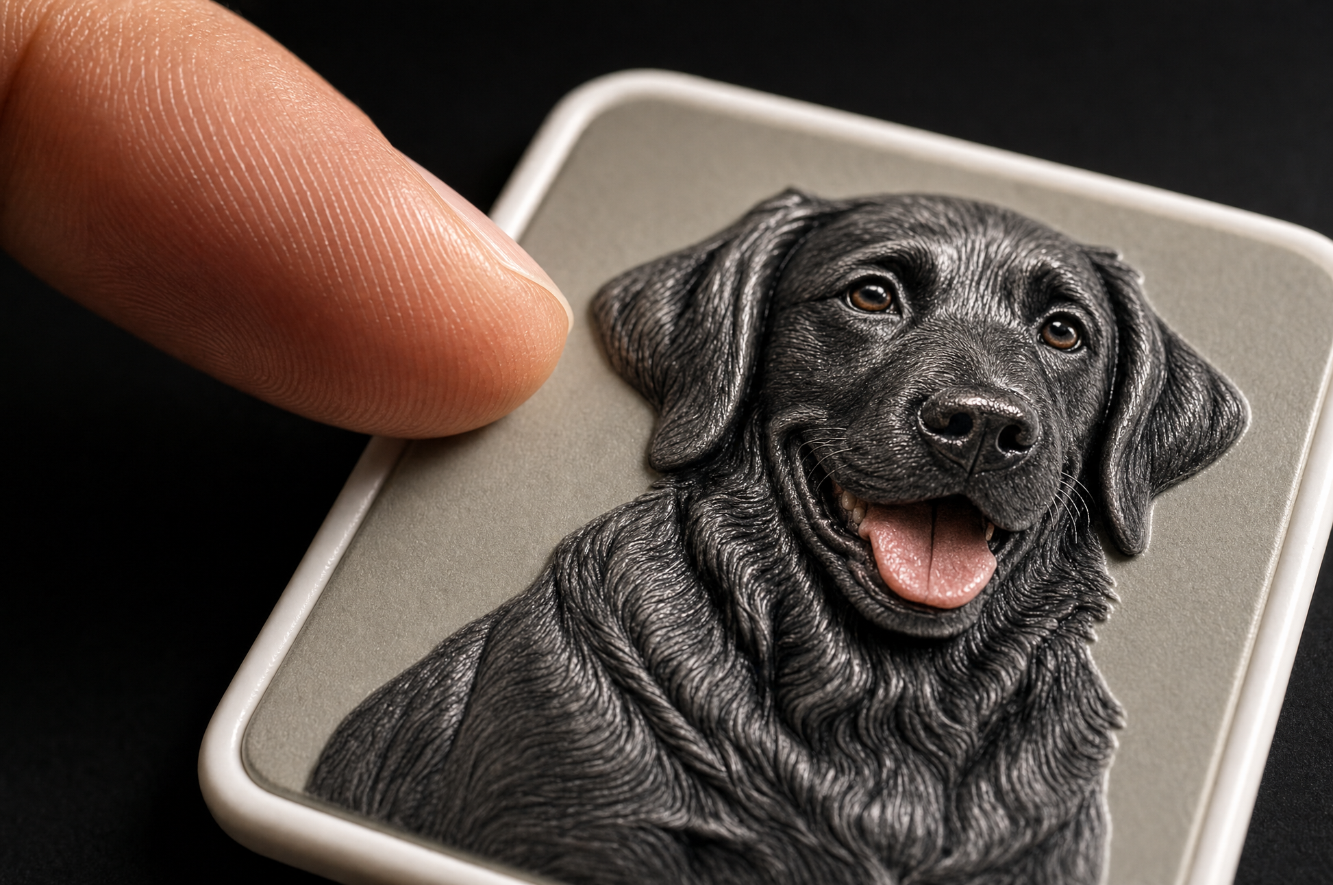 Macro of a fingertip hovering above the raised 2.5D printed surface of a Youvfy black lab magnet, showing the physical relief height
