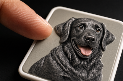 Macro of a fingertip hovering above the raised 2.5D printed surface of a Youvfy black lab magnet, showing the physical relief height