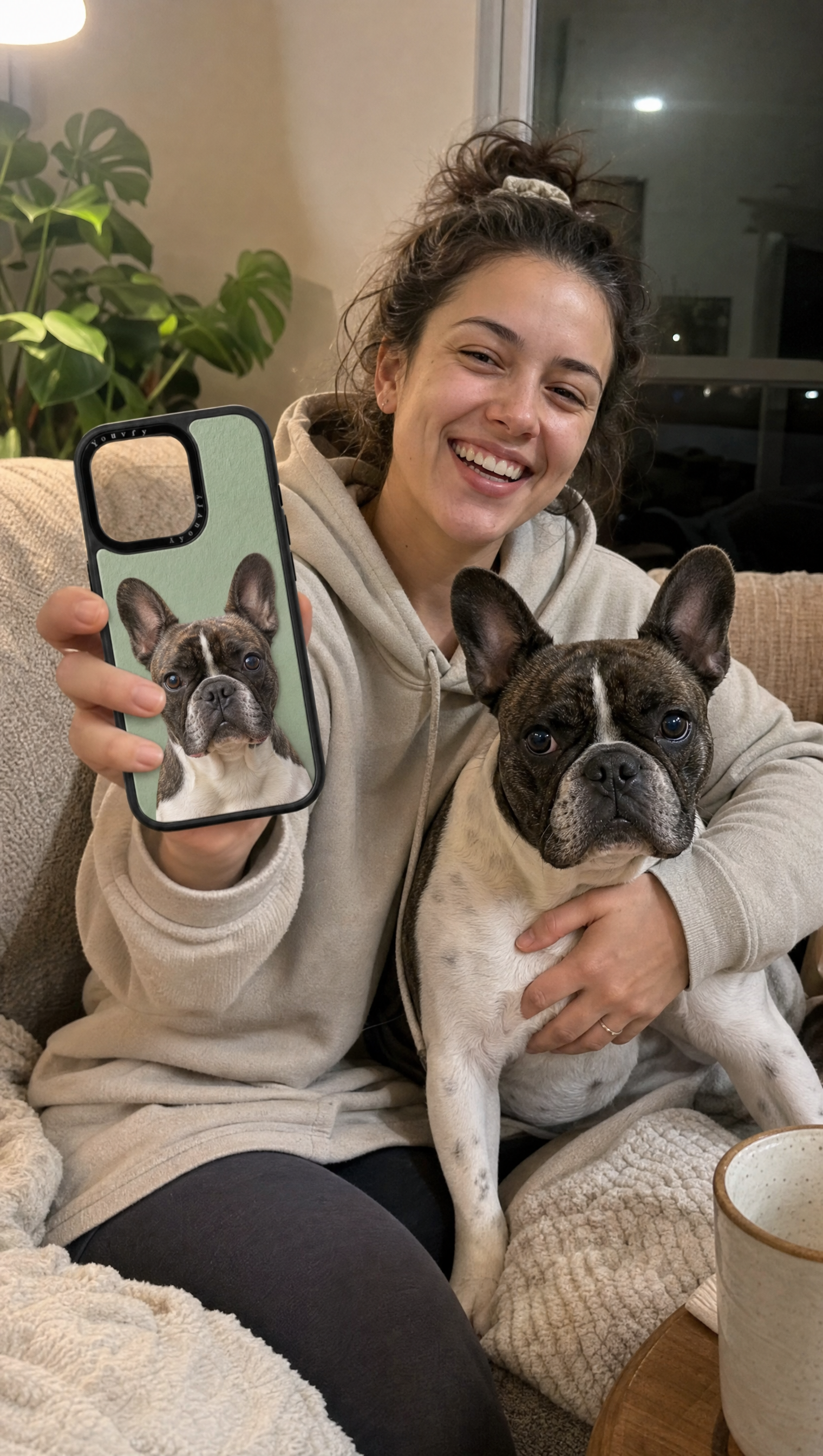 Customer photo: young woman with her French Bulldog and Youvfy custom case showing the same dog